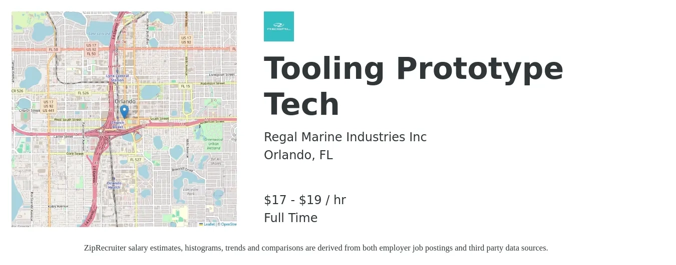 Regal Marine Industries Inc job posting for a Tooling Prototype Tech in Orlando, FL with a salary of $18 to $21 Hourly with a map of Orlando location.