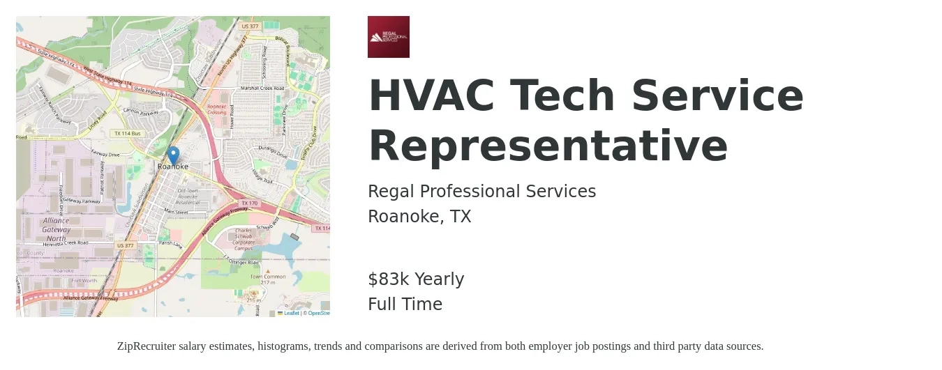 Regal Professional Services job posting for a HVAC Tech Service Representative in Roanoke, TX with a salary of $83,000 Yearly with a map of Roanoke location.