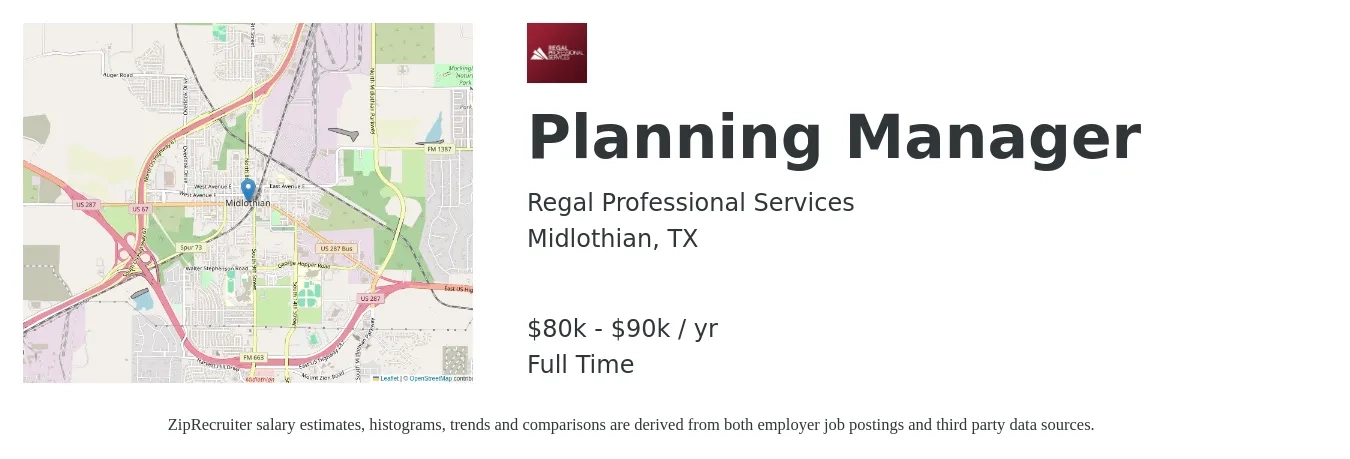 Regal Professional Services job posting for a Planning Manager in Midlothian, TX with a salary of $80,000 to $90,000 Yearly with a map of Midlothian location.