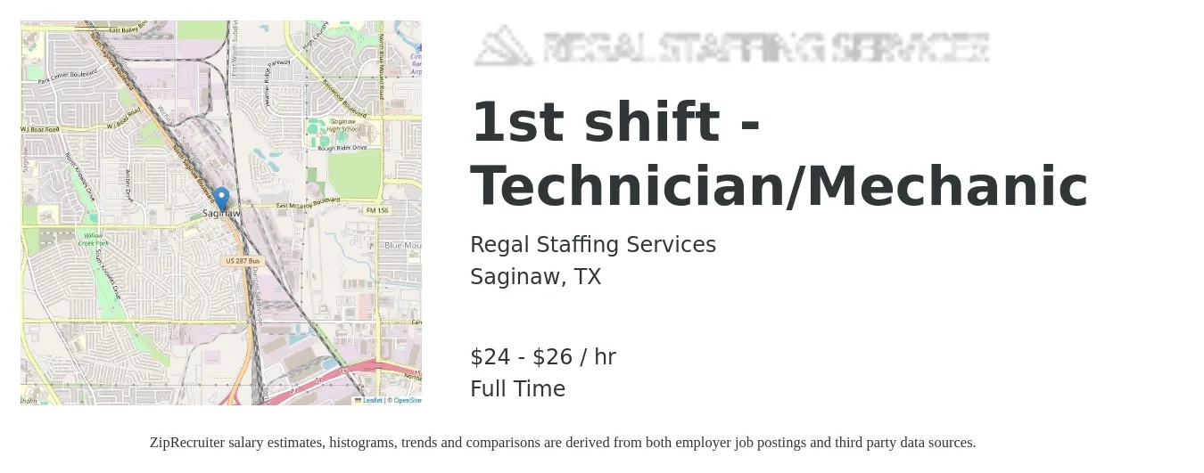 Regal Staffing Services job posting for a 1st shift - Technician/Mechanic in Saginaw, TX with a salary of $25 to $28 Hourly with a map of Saginaw location.
