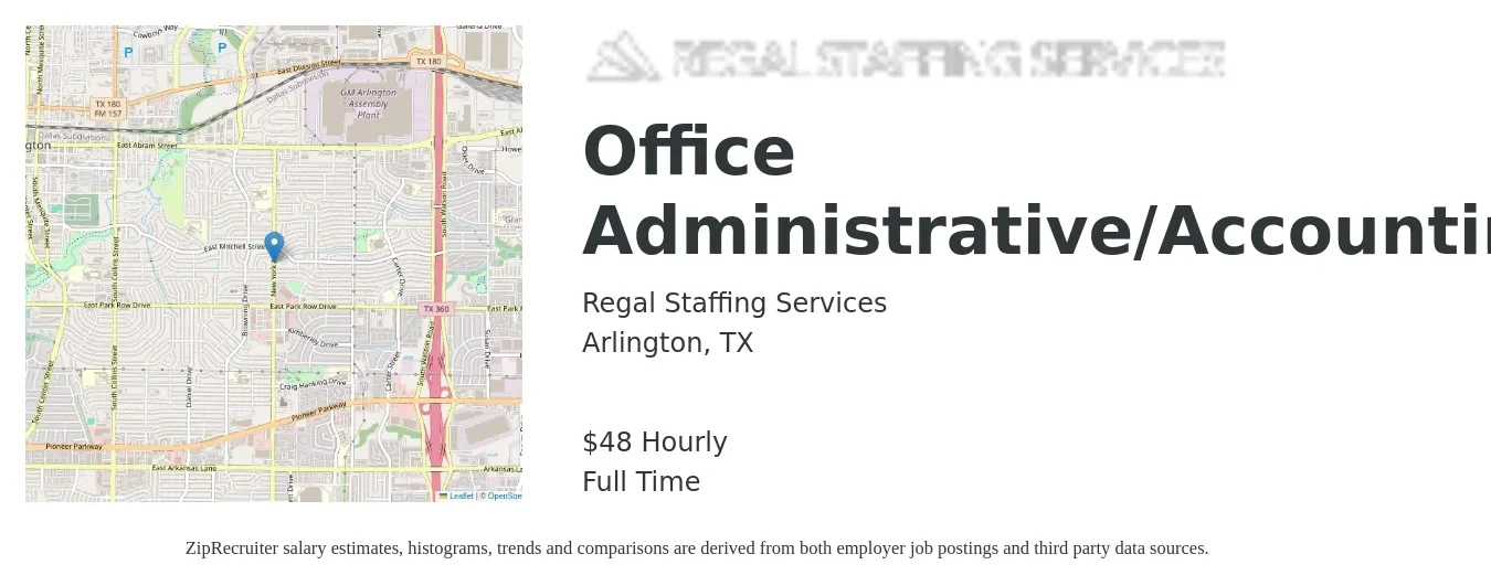 Regal Staffing Services job posting for a Office Administrative/Accounting in Arlington, TX with a salary of $50 Hourly with a map of Arlington location.