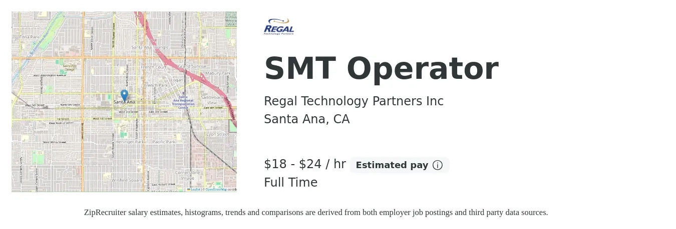 Regal Technology Partners Inc job posting for a SMT Operator in Santa Ana, CA with a salary of $19 to $25 Hourly with a map of Santa Ana location.