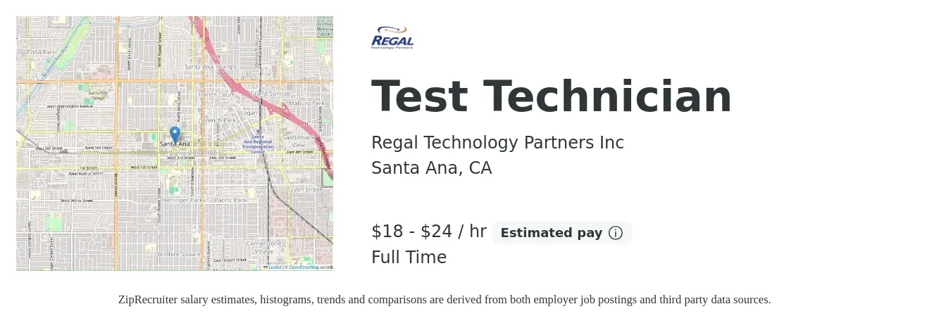 Regal Technology Partners Inc job posting for a Test Technician in Santa Ana, CA with a salary of $19 to $25 Hourly with a map of Santa Ana location.