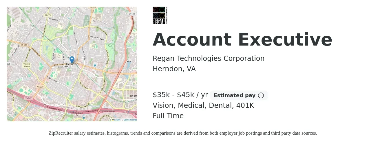 Regan Technologies Corporation job posting for a Account Executive in Herndon, VA with a salary of $35,000 to $45,000 Yearly (plus commission) and benefits including 401k, dental, life_insurance, medical, and vision with a map of Herndon location.