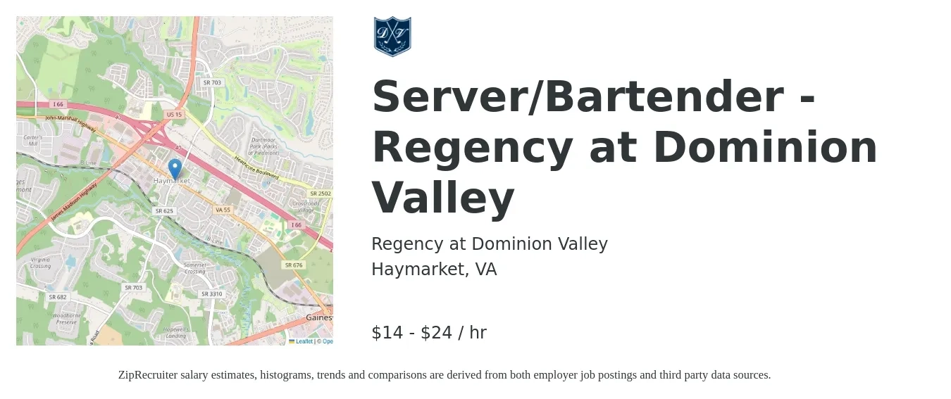 Regency at Dominion Valley job posting for a Server/Bartender - Regency at Dominion Valley in Haymarket, VA with a salary of $15 to $25 Hourly with a map of Haymarket location.