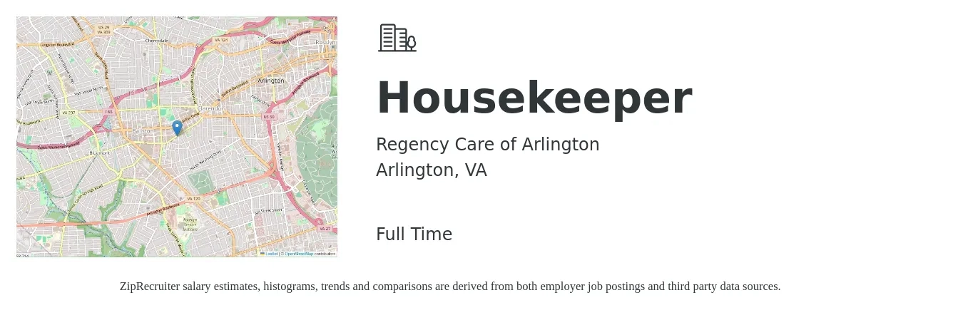 Regency Care of Arlington job posting for a Housekeeper in Arlington, VA with a salary of $16 to $21 Hourly with a map of Arlington location.