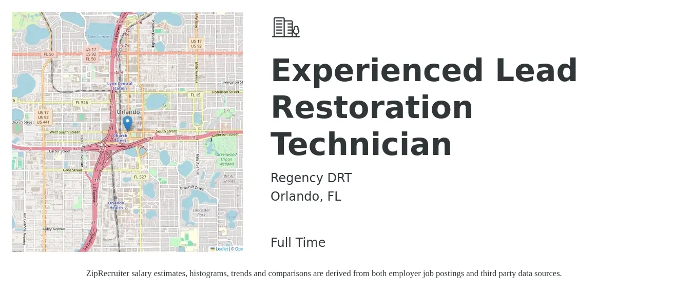 Regency DRT job posting for a Experienced Lead Restoration Technician in Orlando, FL with a salary of $21 to $23 Hourly with a map of Orlando location.