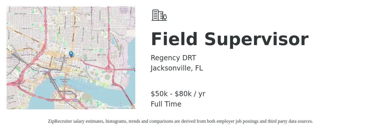 Regency DRT job posting for a Field Supervisor in Jacksonville, FL with a salary of $50 Hourly with a map of Jacksonville location.
