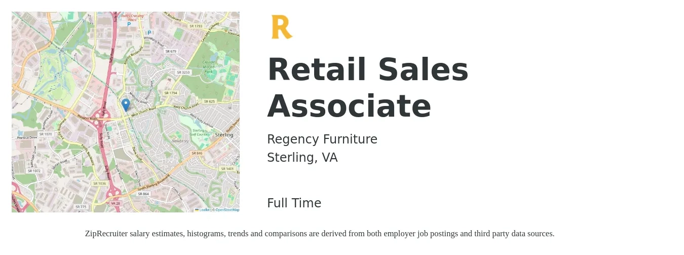 Regency Furniture job posting for a Retail Sales Associate in Sterling, VA with a salary of $15 to $17 Hourly with a map of Sterling location.