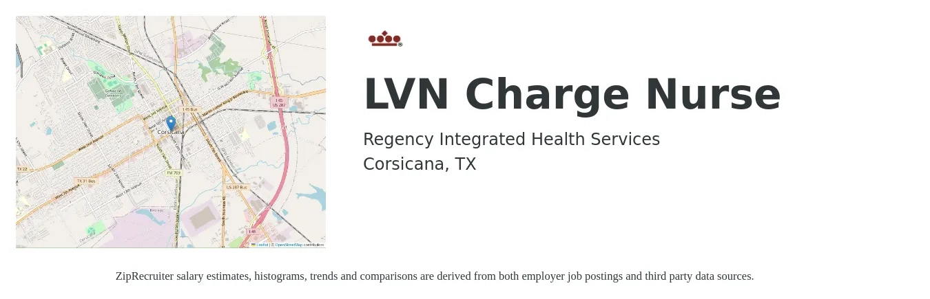 Regency Integrated Health Services job posting for a LVN Charge Nurse in Corsicana, TX with a salary of $23 to $30 Hourly with a map of Corsicana location.