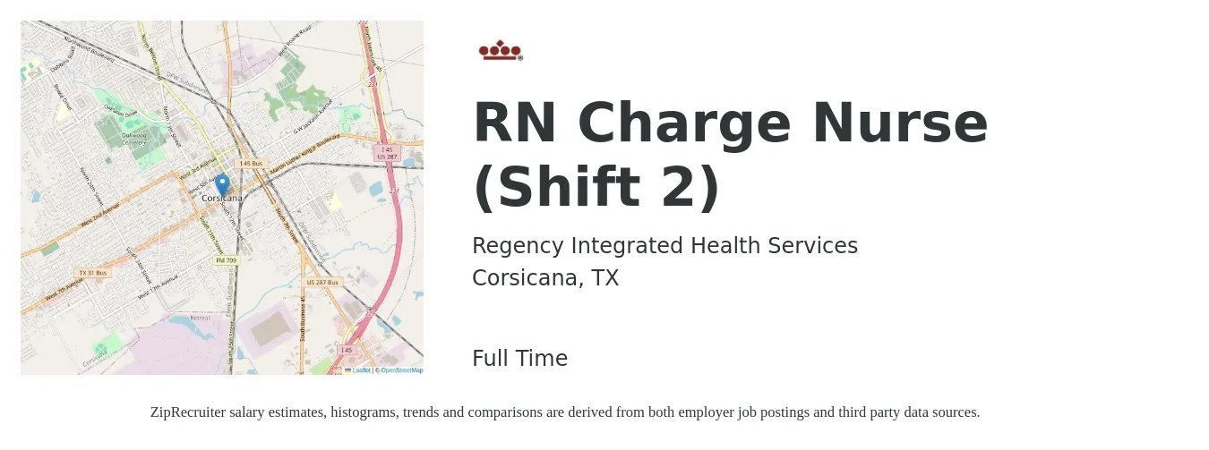 Regency Integrated Health Services job posting for a RN Charge Nurse (Shift 2) in Corsicana, TX with a salary of $30 to $44 Hourly with a map of Corsicana location.