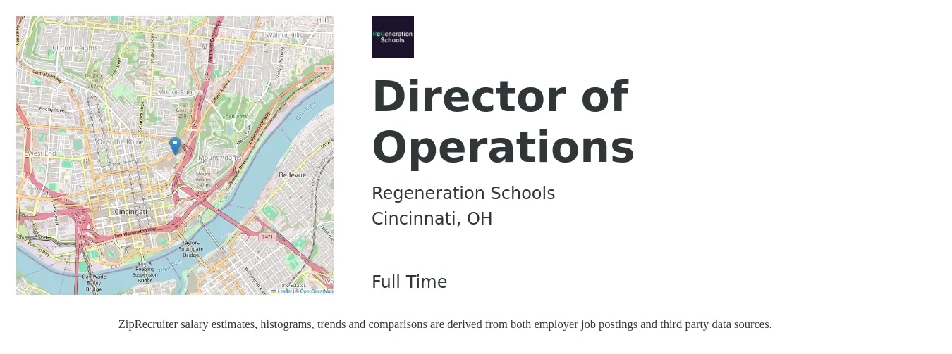 Regeneration Schools job posting for a Director of Operations in Cincinnati, OH with a salary of $72,500 to $130,100 Yearly with a map of Cincinnati location.