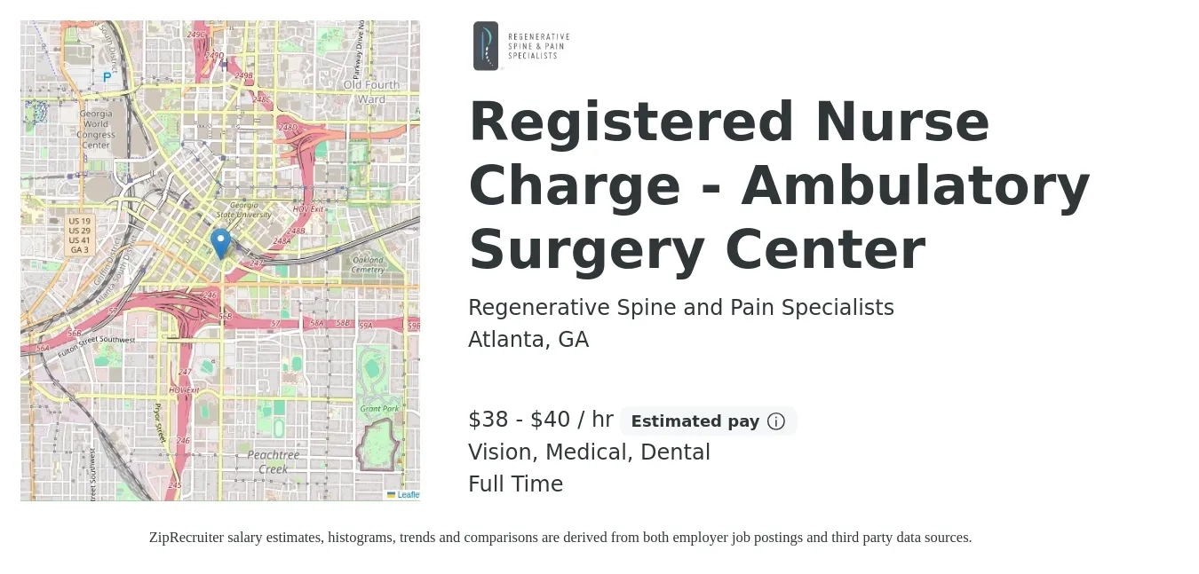 Regenerative Spine and Pain Specialists job posting for a Registered Nurse Charge - Ambulatory Surgery Center in Atlanta, GA with a salary of $40 to $42 Hourly and benefits including dental, life_insurance, medical, pto, retirement, and vision with a map of Atlanta location.