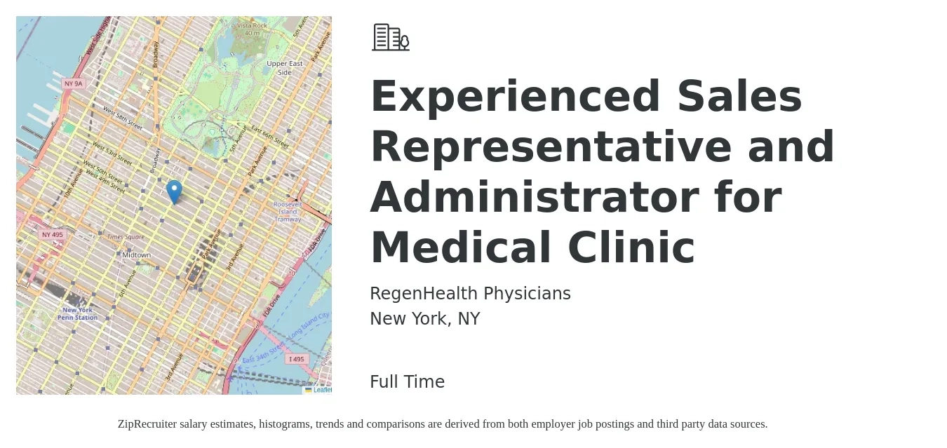 RegenHealth Physicians job posting for a Experienced Sales Representative and Administrator for Medical Clinic in New York, NY with a salary of $3,000 to $20,000 Monthly (plus commission) with a map of New York location.