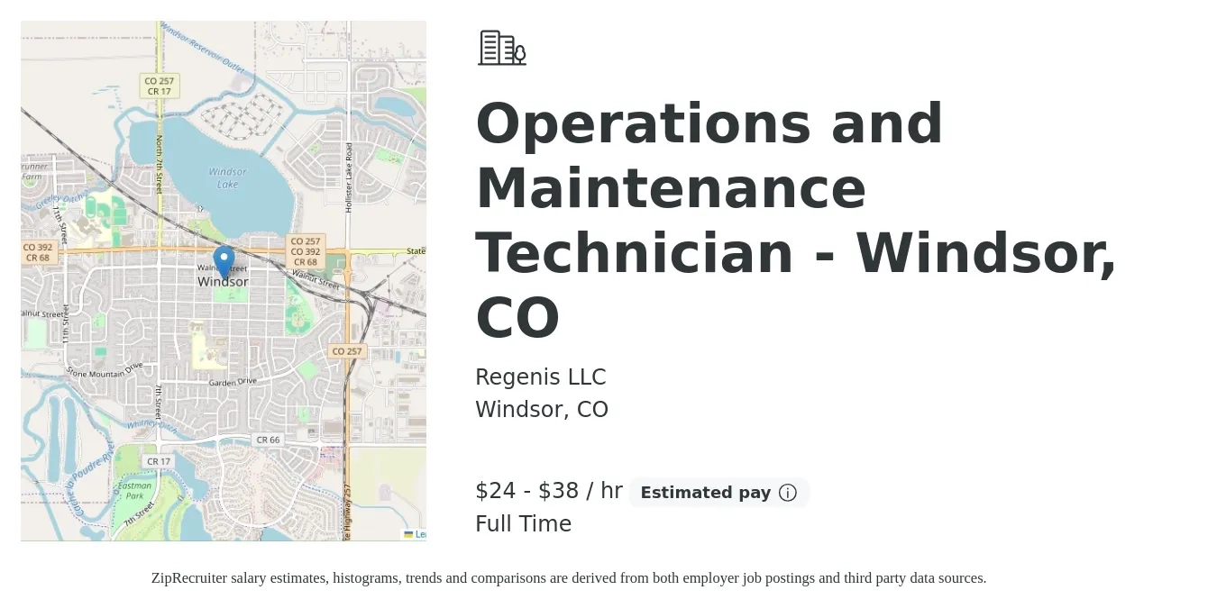 Regenis LLC job posting for a Operations and Maintenance Technician - Windsor, CO in Windsor, CO with a salary of $25 to $40 Hourly with a map of Windsor location.