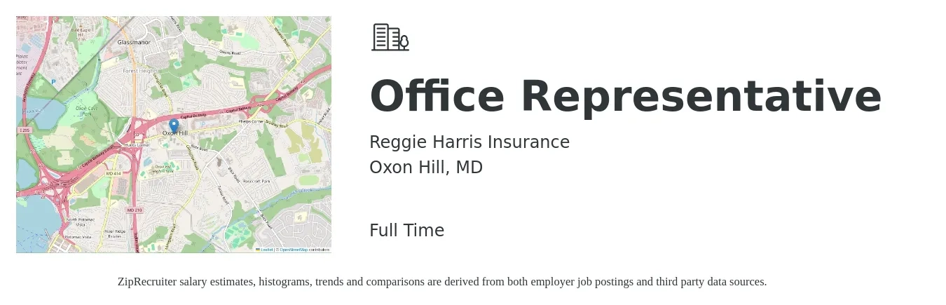 Reggie Harris Insurance job posting for a Office Representative in Oxon Hill, MD with a salary of $26,000 to $50,000 Monthly with a map of Oxon Hill location.