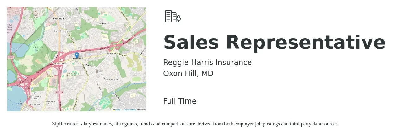 Reggie Harris Insurance job posting for a Sales Representative in Oxon Hill, MD with a salary of $54,300 to $94,400 Yearly with a map of Oxon Hill location.