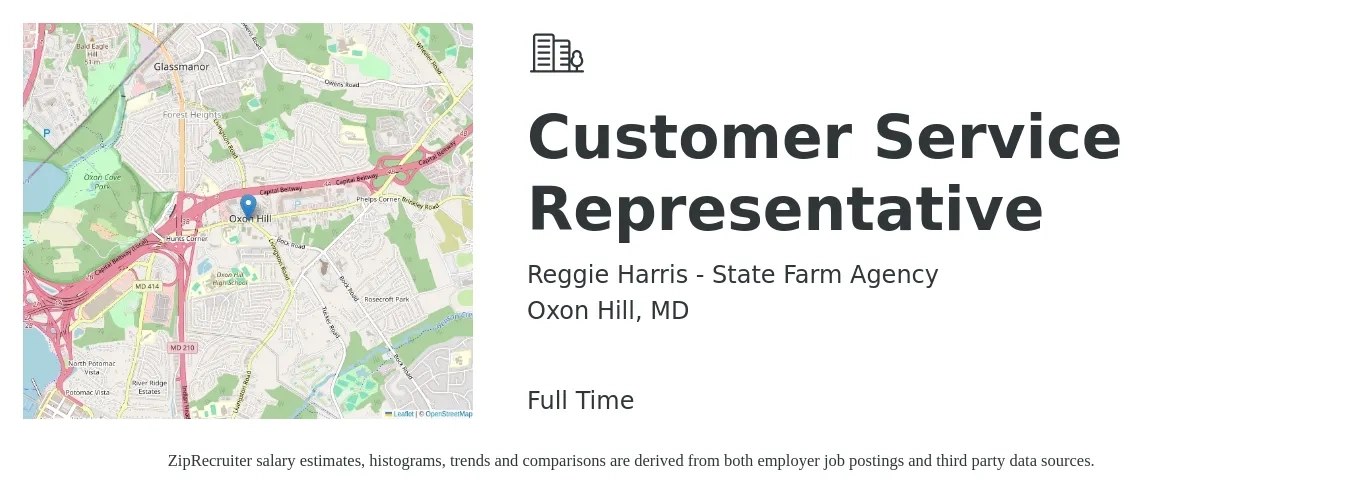 Reggie Harris - State Farm Agency job posting for a Customer Service Representative in Oxon Hill, MD with a salary of $16 to $22 Hourly with a map of Oxon Hill location.
