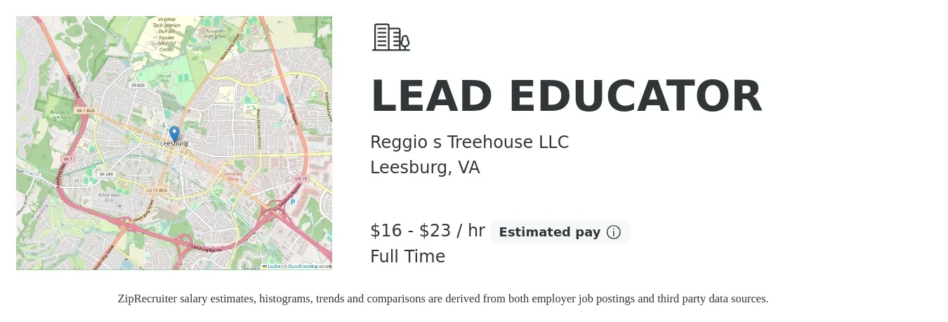 Reggio s Treehouse LLC job posting for a LEAD EDUCATOR in Leesburg, VA with a salary of $17 to $24 Hourly with a map of Leesburg location.