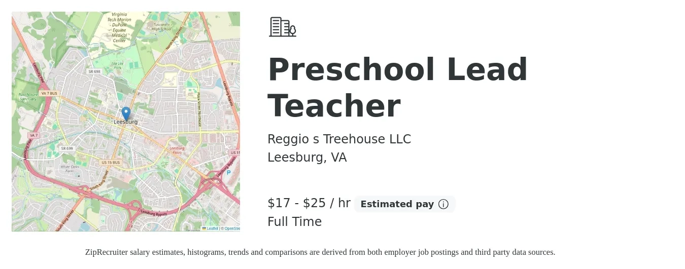 Reggio s Treehouse LLC job posting for a Preschool Lead Teacher in Leesburg, VA with a salary of $18 to $26 Hourly with a map of Leesburg location.