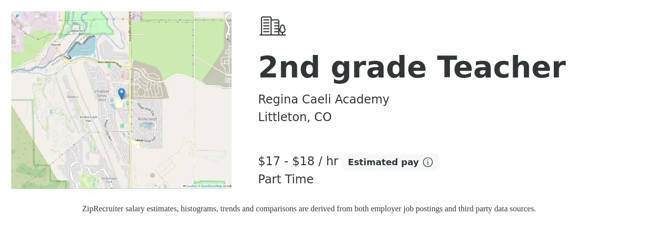 Regina Caeli Academy job posting for a 2nd grade Teacher in Littleton, CO with a salary of $18 to $19 Hourly with a map of Littleton location.