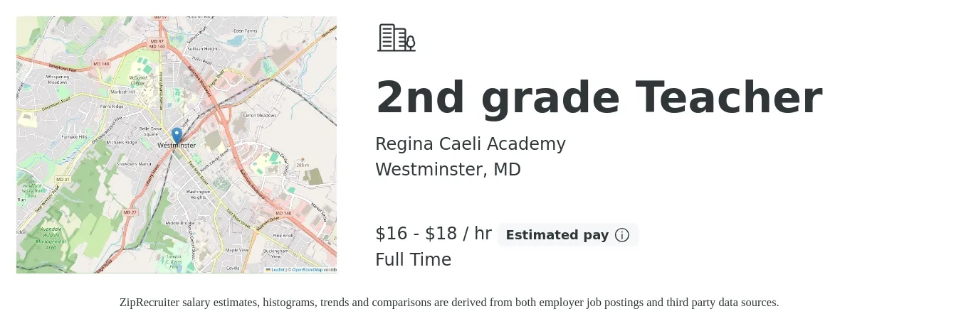 Regina Caeli Academy job posting for a 2nd grade Teacher in Westminster, MD with a salary of $15 to $19 Hourly with a map of Westminster location.