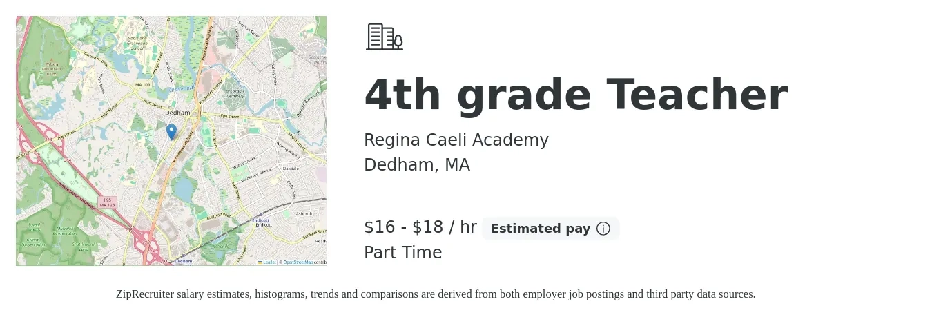 Regina Caeli Academy job posting for a 4th grade Teacher in Dedham, MA with a salary of $17 to $19 Hourly with a map of Dedham location.