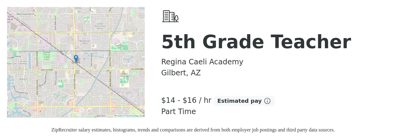 Regina Caeli Academy job posting for a 5th Grade Teacher in Gilbert, AZ with a salary of $15 to $17 Hourly with a map of Gilbert location.