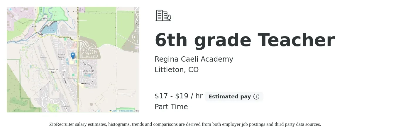 Regina Caeli Academy job posting for a 6th grade Teacher in Littleton, CO with a salary of $18 to $20 Hourly with a map of Littleton location.