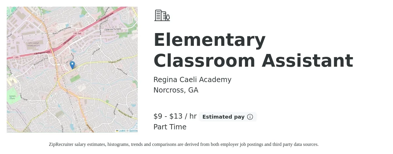 Regina Caeli Academy job posting for a Elementary Classroom Assistant in Norcross, GA with a salary of $10 to $14 Hourly with a map of Norcross location.