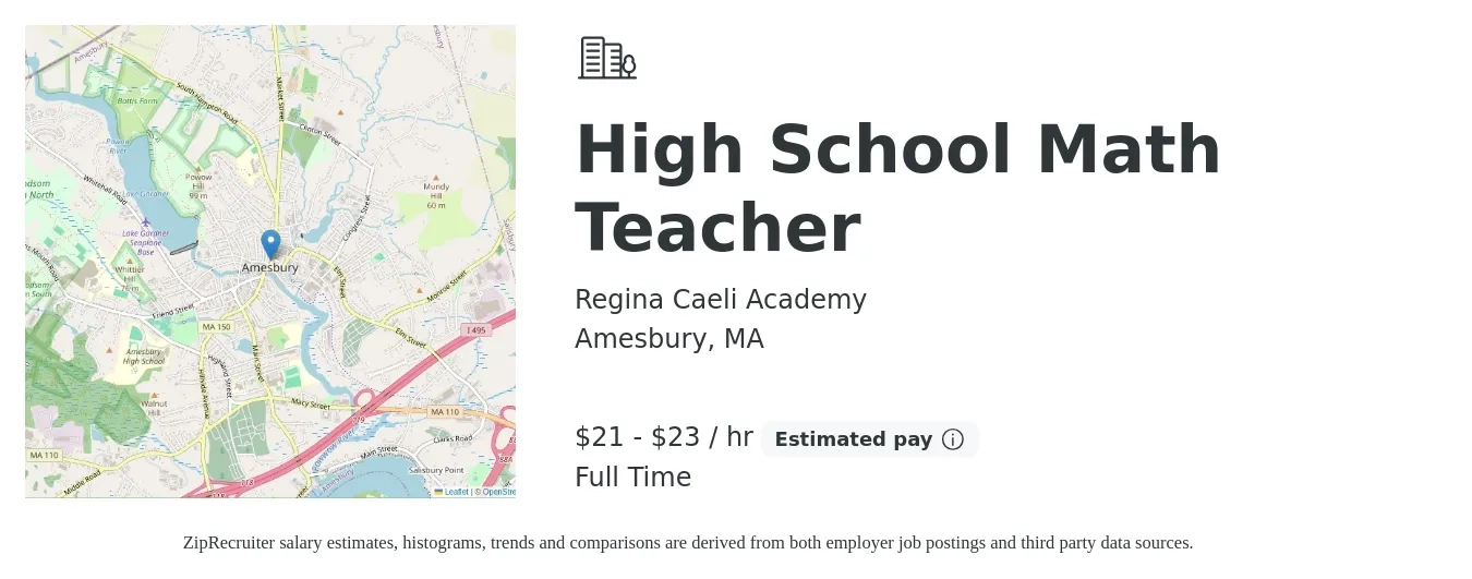 Regina Caeli Academy job posting for a High School Math Teacher in Amesbury, MA with a salary of $22 to $24 Hourly with a map of Amesbury location.
