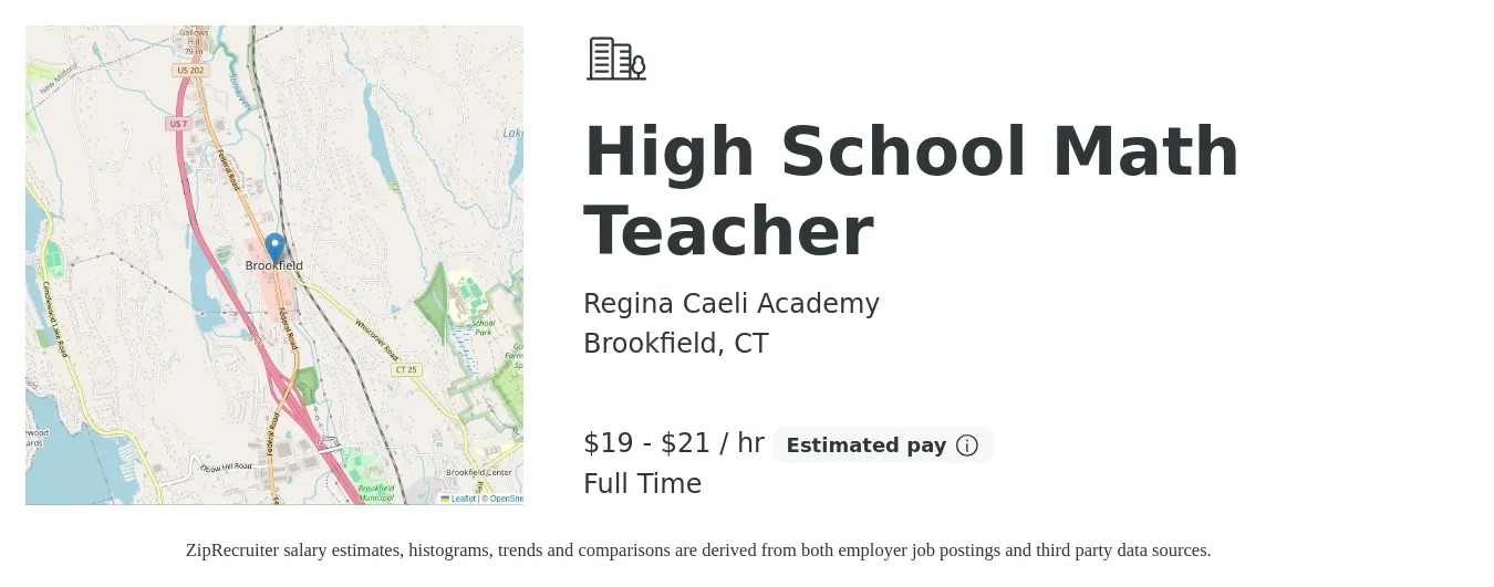 Regina Caeli Academy job posting for a High School Math Teacher in Brookfield, CT with a salary of $20 to $22 Hourly with a map of Brookfield location.