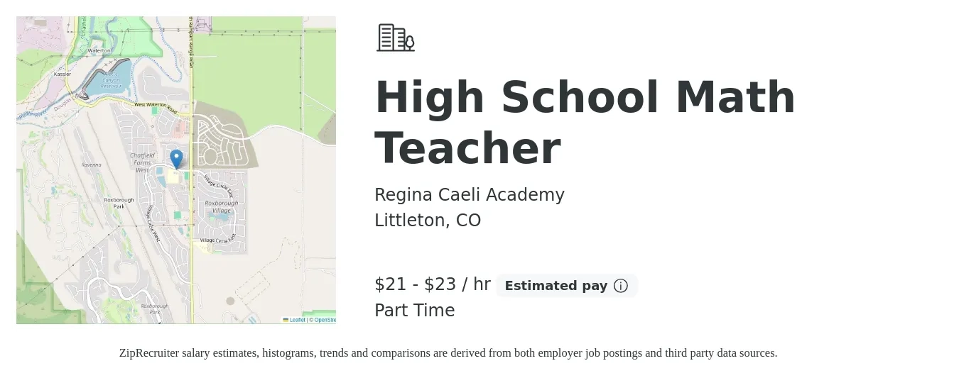 Regina Caeli Academy job posting for a High School Math Teacher in Littleton, CO with a salary of $22 to $24 Hourly with a map of Littleton location.