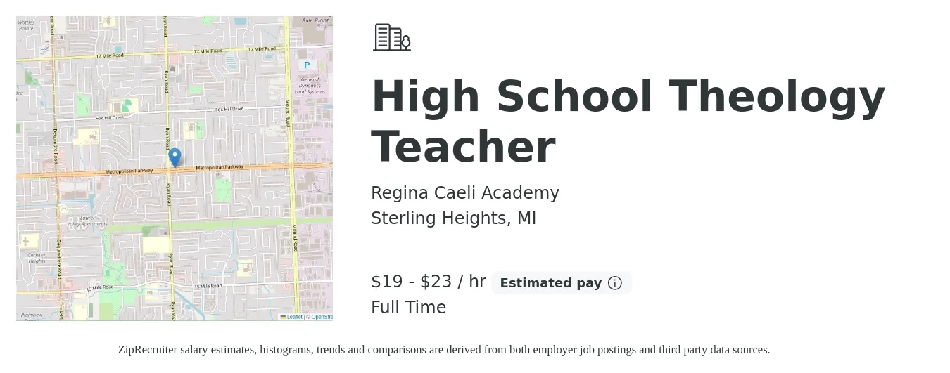 Regina Caeli Academy job posting for a High School Theology Teacher in Sterling Heights, MI with a salary of $20 to $24 Hourly with a map of Sterling Heights location.