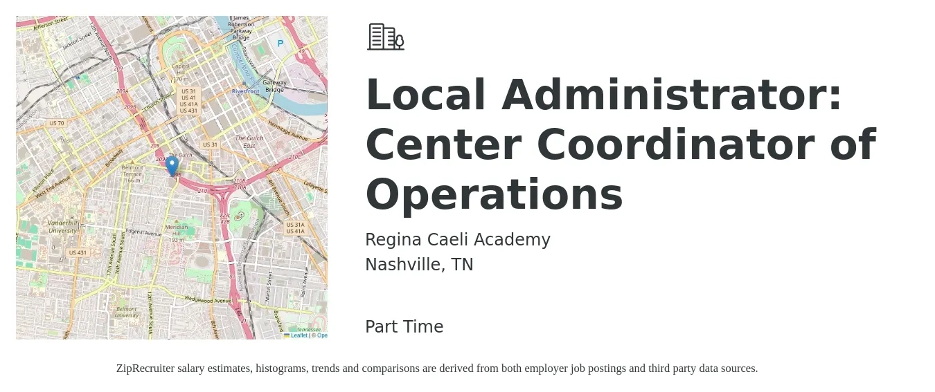 Regina Caeli Academy job posting for a Local Administrator: Center Coordinator of Operations in Nashville, TN with a salary of $40,100 to $52,200 Yearly with a map of Nashville location.
