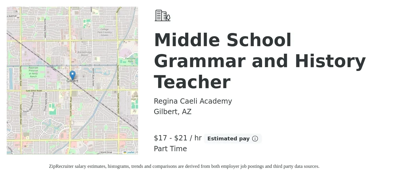 Regina Caeli Academy job posting for a Middle School Grammar and History Teacher in Gilbert, AZ with a salary of $18 to $22 Hourly with a map of Gilbert location.