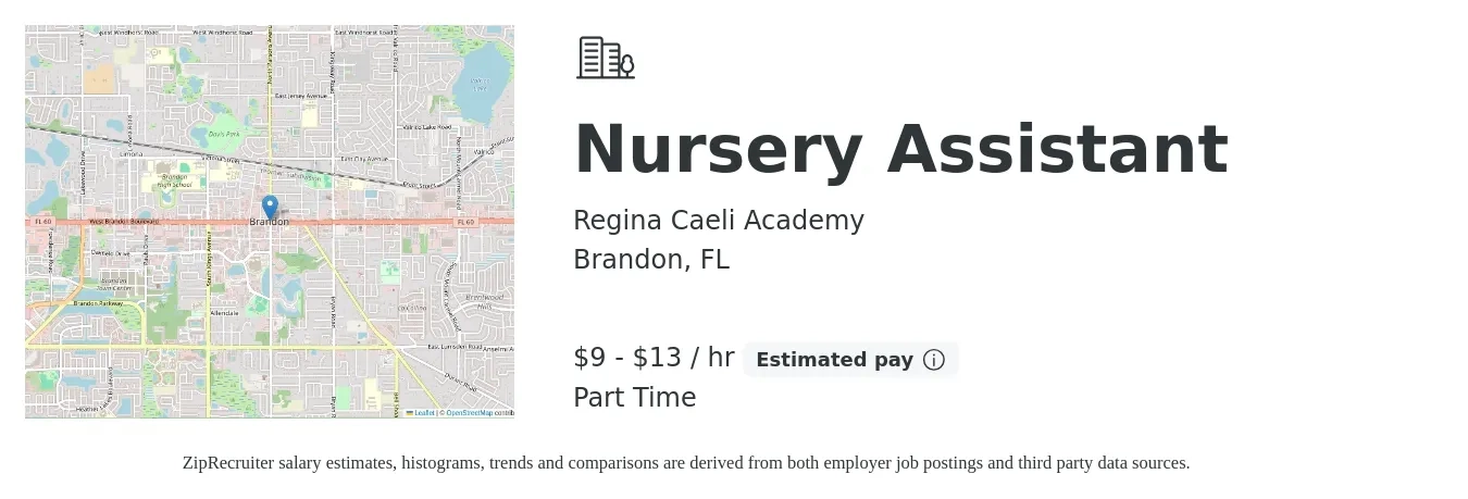 Regina Caeli Academy job posting for a Nursery Assistant in Brandon, FL with a salary of $10 to $14 Hourly with a map of Brandon location.