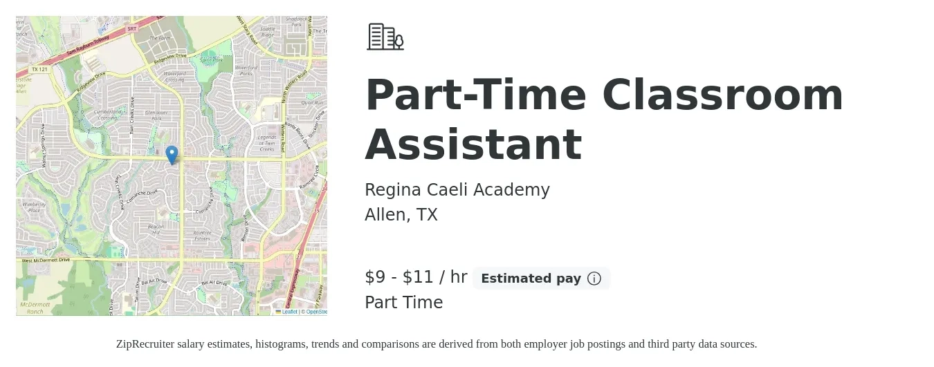 Regina Caeli Academy job posting for a Part-Time Classroom Assistant in Allen, TX with a salary of $10 to $12 Hourly with a map of Allen location.