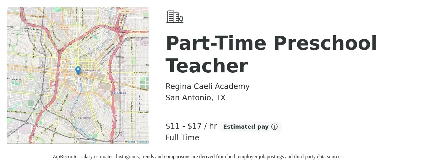 Regina Caeli Academy job posting for a Part-Time Preschool Teacher in San Antonio, TX with a salary of $12 to $18 Hourly with a map of San Antonio location.