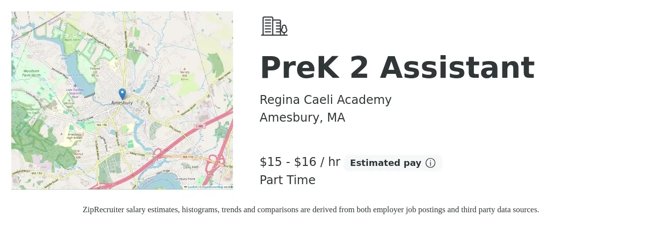 Regina Caeli Academy job posting for a PreK 2 Assistant in Amesbury, MA with a salary of $16 to $17 Hourly with a map of Amesbury location.