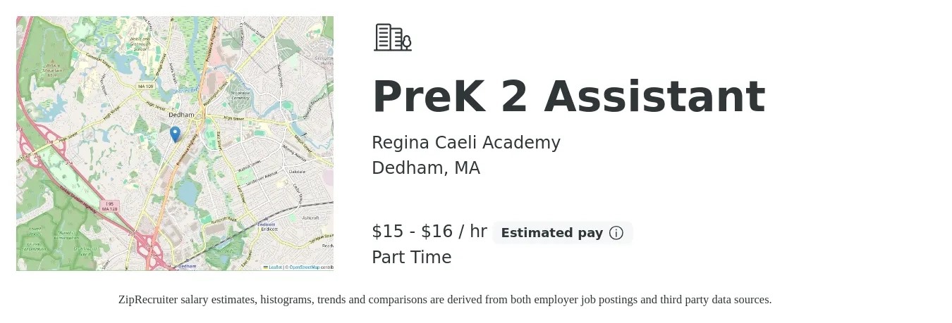 Regina Caeli Academy job posting for a PreK 2 Assistant in Dedham, MA with a salary of $16 to $17 Hourly with a map of Dedham location.