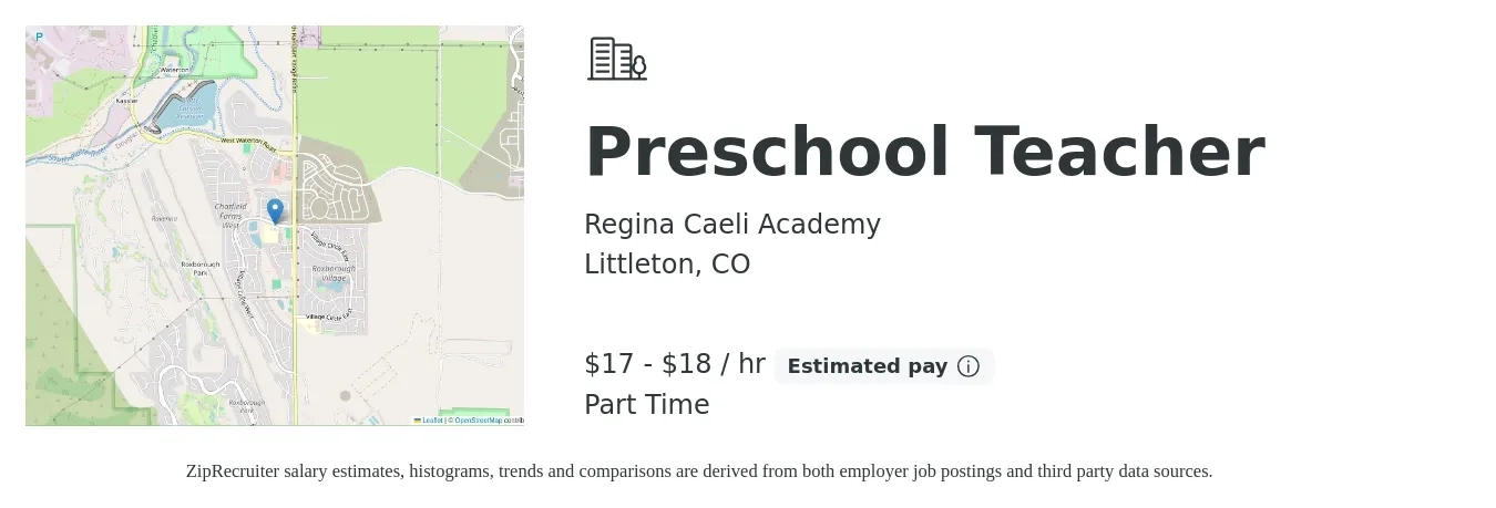 Regina Caeli Academy job posting for a Preschool Teacher in Littleton, CO with a salary of $18 to $19 Hourly with a map of Littleton location.