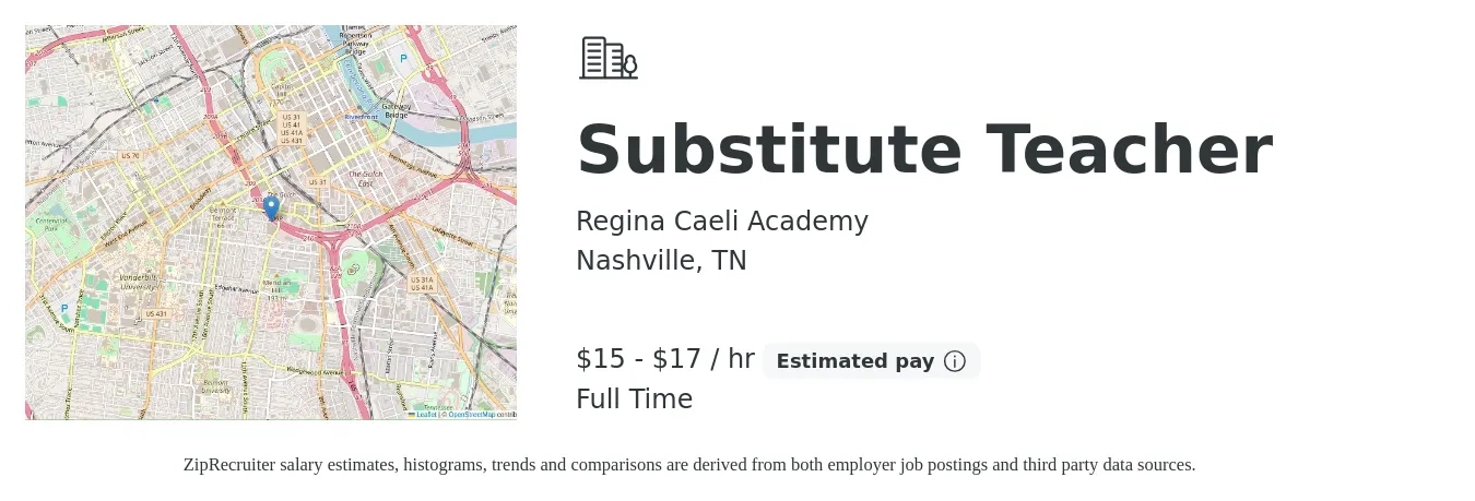 Regina Caeli Academy job posting for a Substitute Teacher in Nashville, TN with a salary of $16 to $18 Hourly with a map of Nashville location.