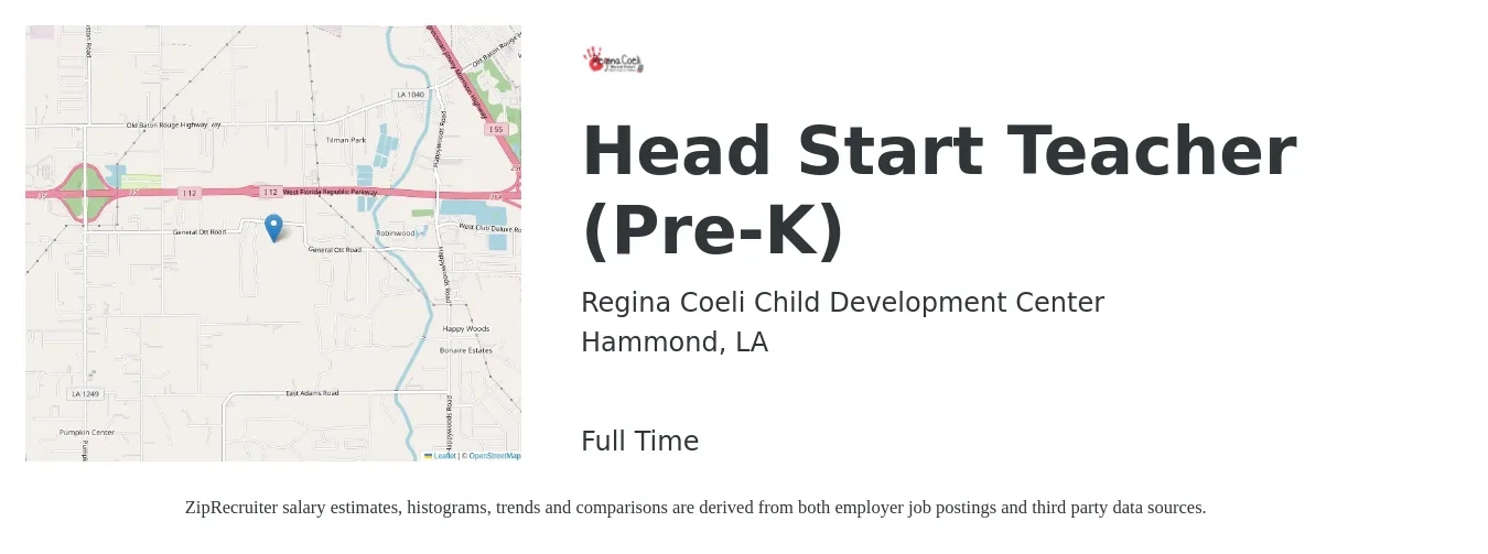 Regina Coeli Child Development Center job posting for a Head Start Teacher (Pre-K) in Hammond, LA with a salary of $13 to $19 Hourly with a map of Hammond location.