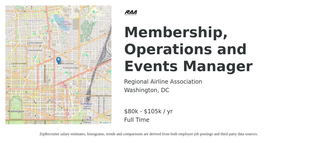 Regional Airline Association job posting for a Membership, Operations and Events Manager in Washington, DC with a salary of $80,000 to $105,000 Yearly with a map of Washington location.