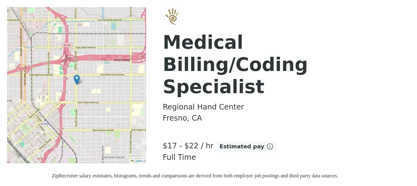 Regional Hand Center job posting for a Medical Billing/Coding Specialist in Fresno, CA with a salary of $18 to $23 Hourly with a map of Fresno location.
