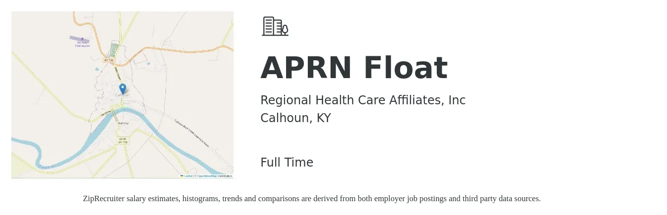 Regional Health Care Affiliates, Inc job posting for a APRN Float in Calhoun, KY with a salary of $96,000 to $131,100 Yearly with a map of Calhoun location.