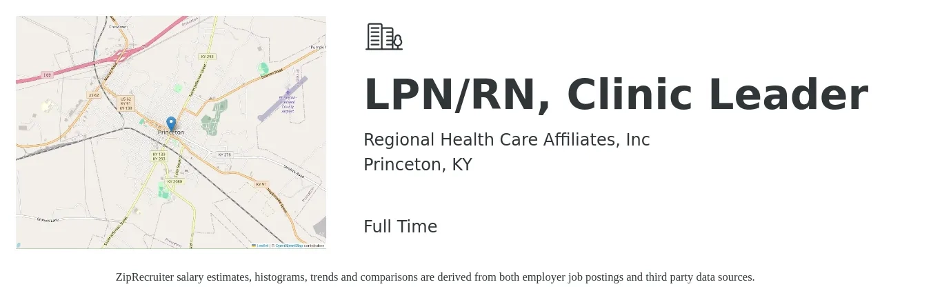 Regional Health Care Affiliates, Inc job posting for a LPN/RN, Clinic Leader in Princeton, KY with a salary of $23 to $31 Hourly with a map of Princeton location.