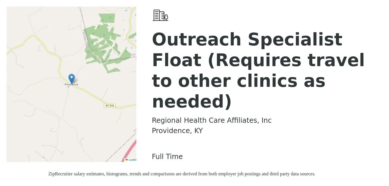 Regional Health Care Affiliates, Inc job posting for a Outreach Specialist Float (Requires travel to other clinics as needed) in Providence, KY with a salary of $18 to $25 Hourly with a map of Providence location.