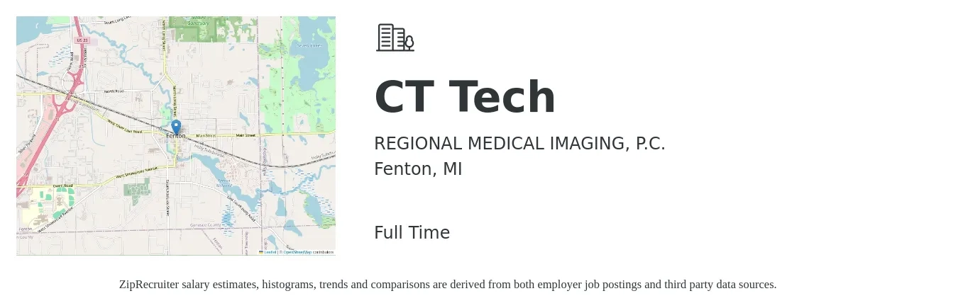 REGIONAL MEDICAL IMAGING, P.C. job posting for a CT Tech in Fenton, MI with a salary of $32 to $59 Hourly with a map of Fenton location.